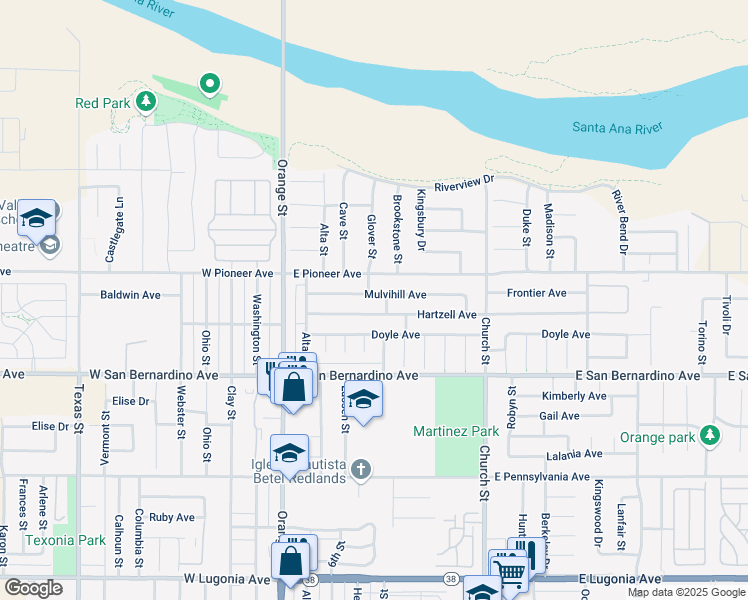map of restaurants, bars, coffee shops, grocery stores, and more near 304 Mulvihill Avenue in Redlands