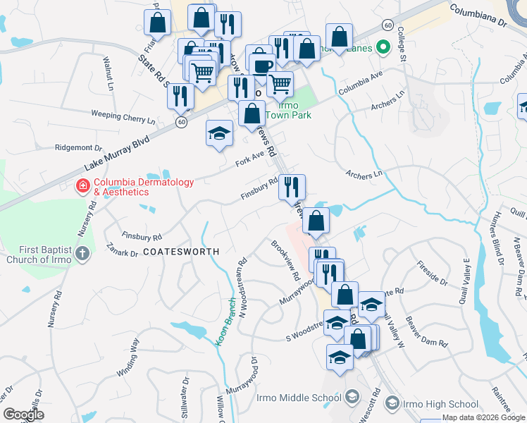 map of restaurants, bars, coffee shops, grocery stores, and more near 206 Bosworth Field Court in Columbia