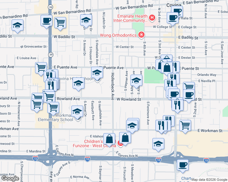 map of restaurants, bars, coffee shops, grocery stores, and more near 550 South Hollenbeck Avenue in Covina