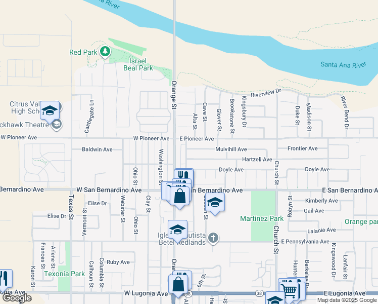 map of restaurants, bars, coffee shops, grocery stores, and more near 102 Mulvihill Avenue in Redlands