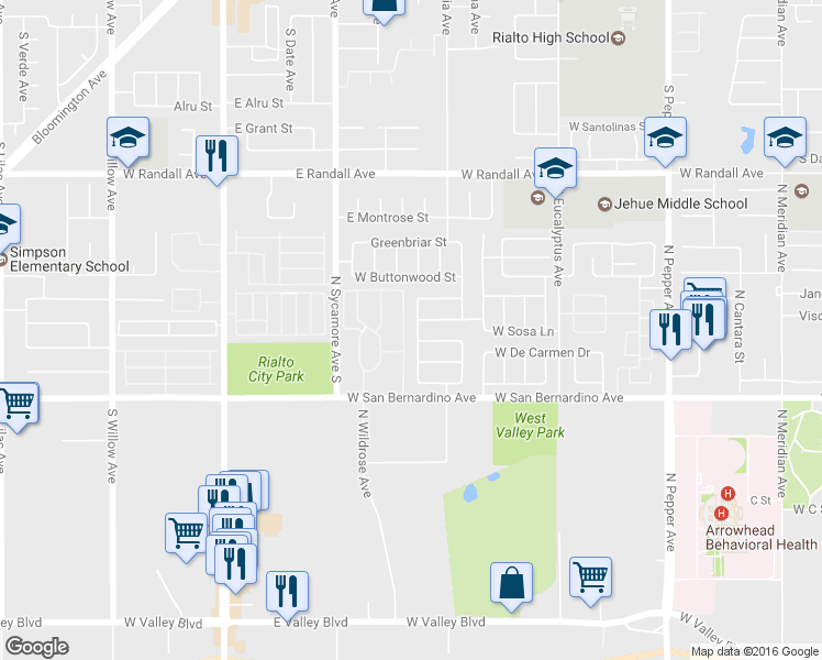 map of restaurants, bars, coffee shops, grocery stores, and more near 1145 North Joshua Tree Street in Colton