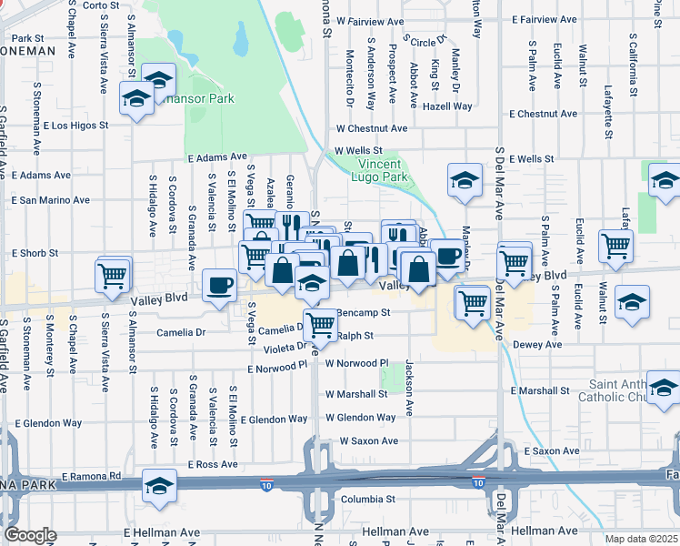 map of restaurants, bars, coffee shops, grocery stores, and more near 1557 Stevens Avenue in San Gabriel