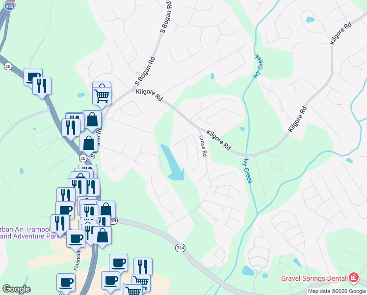 map of restaurants, bars, coffee shops, grocery stores, and more near 3614 Fallen Oak Lane in Buford