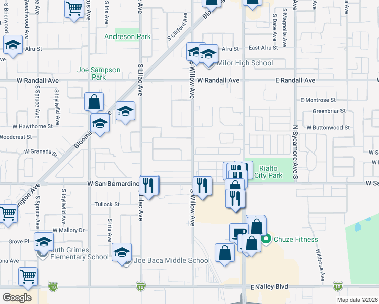 map of restaurants, bars, coffee shops, grocery stores, and more near 1180 South Willow Avenue in Rialto