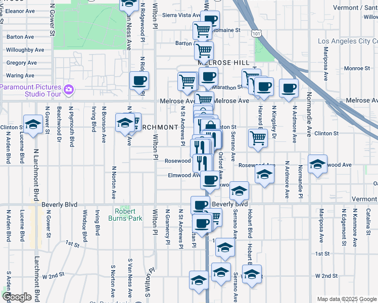map of restaurants, bars, coffee shops, grocery stores, and more near 470 North Saint Andrews Place in Los Angeles