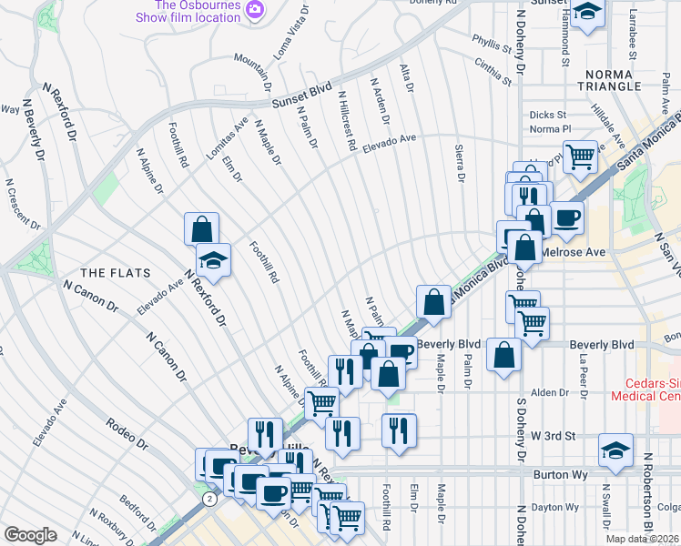 map of restaurants, bars, coffee shops, grocery stores, and more near North Maple Drive in Beverly Hills