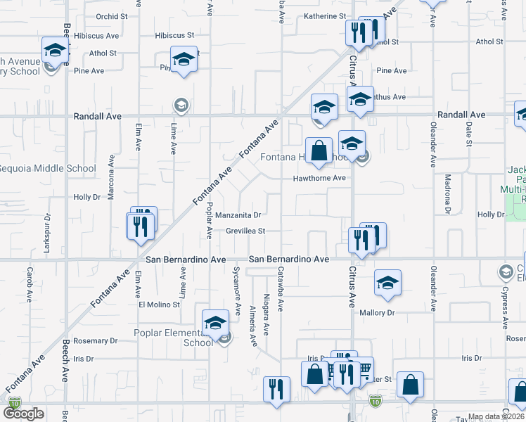 map of restaurants, bars, coffee shops, grocery stores, and more near 9570 Niagara Drive in Fontana