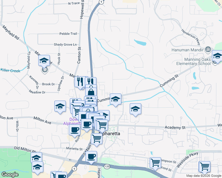map of restaurants, bars, coffee shops, grocery stores, and more near 160 Manning Drive in Alpharetta