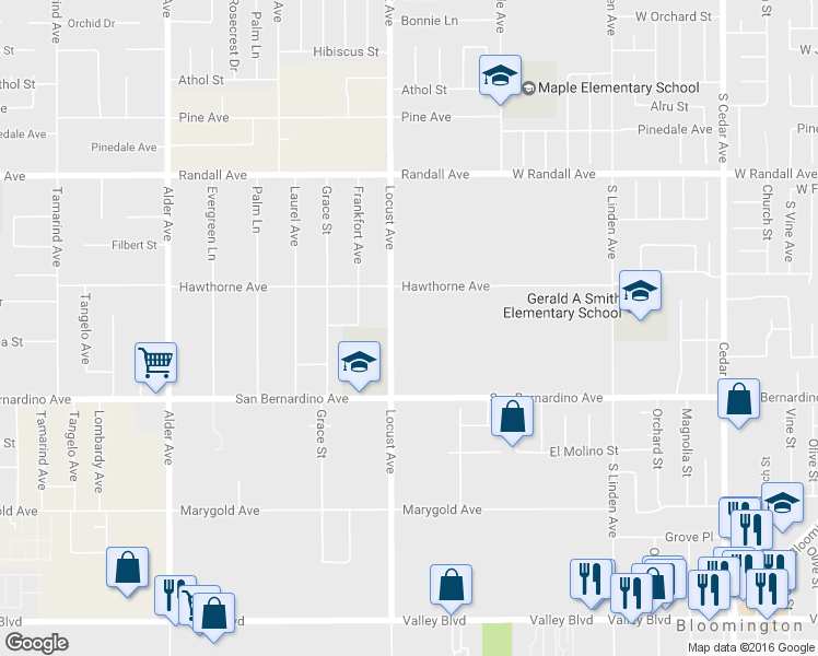 map of restaurants, bars, coffee shops, grocery stores, and more near 9575 Locust Avenue in Fontana