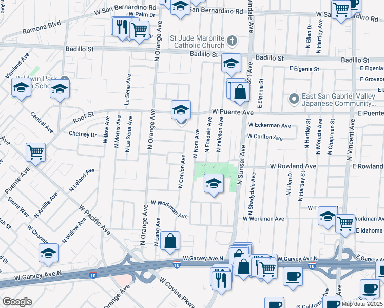 map of restaurants, bars, coffee shops, grocery stores, and more near 523 North Nora Avenue in West Covina