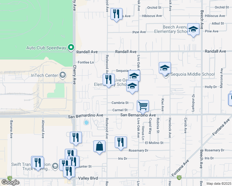 map of restaurants, bars, coffee shops, grocery stores, and more near 14752 Manzanita Drive in Fontana