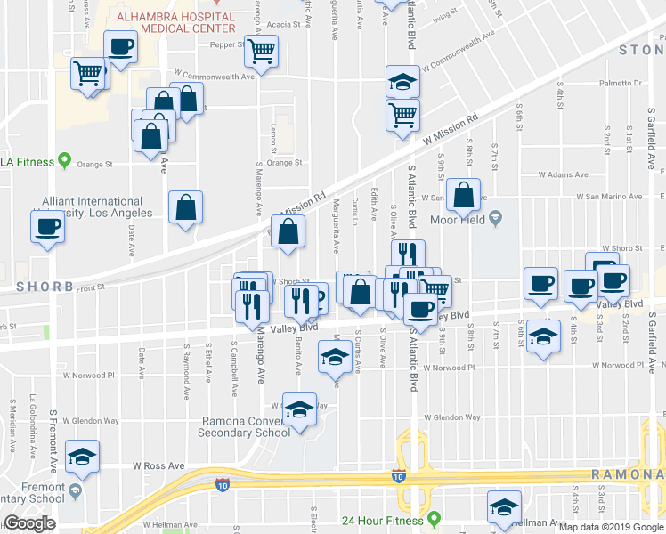 map of restaurants, bars, coffee shops, grocery stores, and more near 1095 Marguerita Avenue in Alhambra
