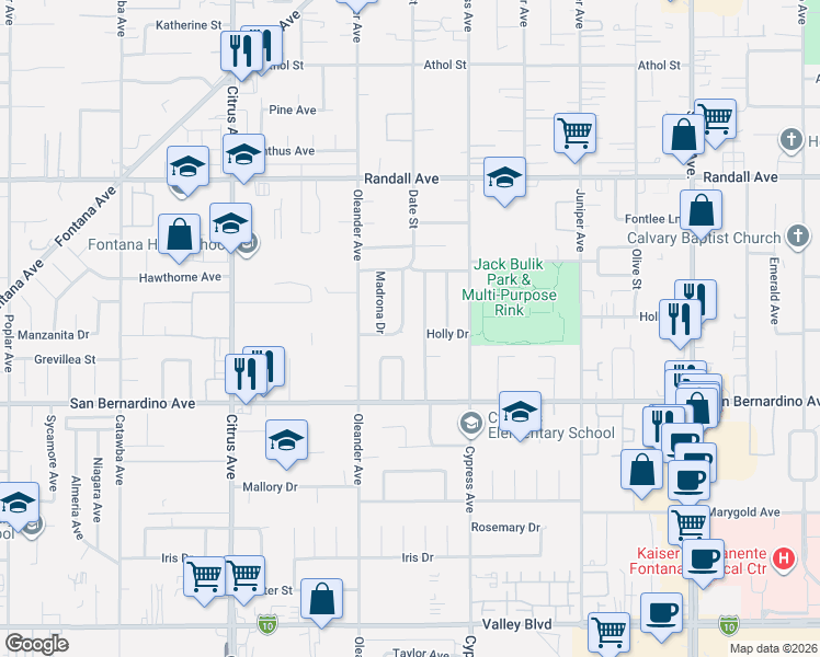 map of restaurants, bars, coffee shops, grocery stores, and more near 9565 Date Street in Fontana