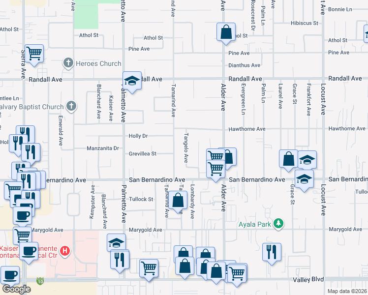 map of restaurants, bars, coffee shops, grocery stores, and more near 9574 Tangelo Avenue in Fontana