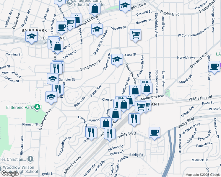 map of restaurants, bars, coffee shops, grocery stores, and more near 2944 Haven Street in Los Angeles