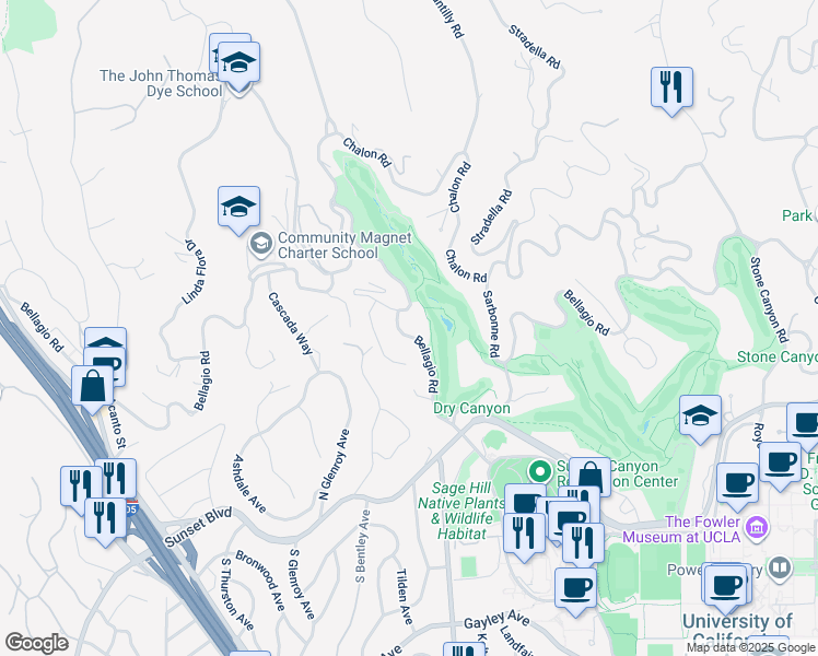 map of restaurants, bars, coffee shops, grocery stores, and more near 10971 Bellagio Road in Los Angeles
