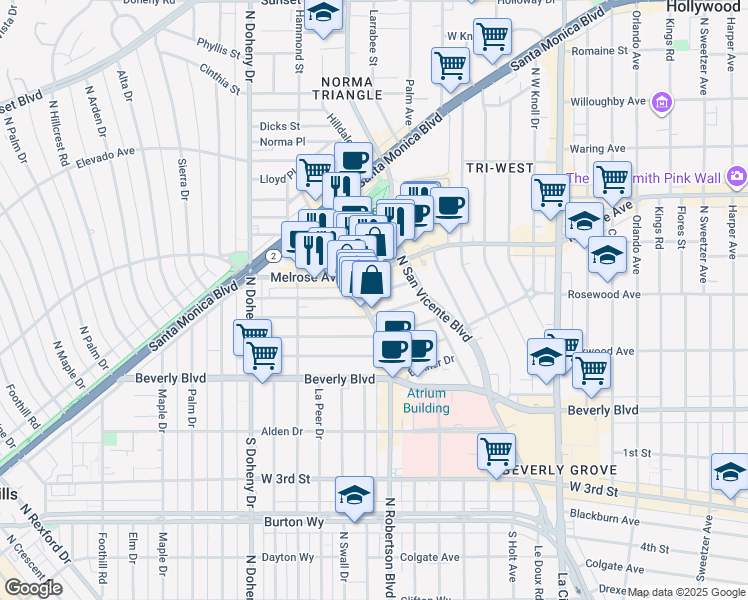 map of restaurants, bars, coffee shops, grocery stores, and more near 8758 Rangely Avenue in West Hollywood