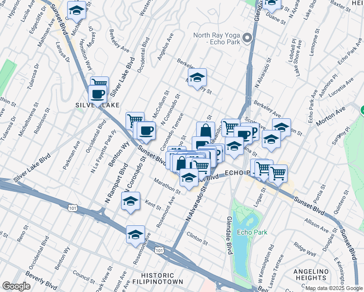 map of restaurants, bars, coffee shops, grocery stores, and more near 1216 Waterloo Street in Los Angeles