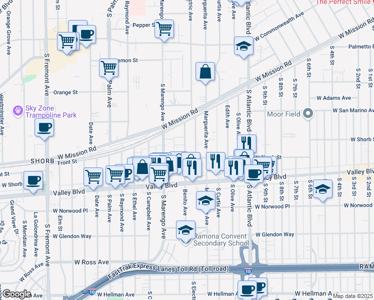 map of restaurants, bars, coffee shops, grocery stores, and more near 1102 Benito Avenue in Alhambra