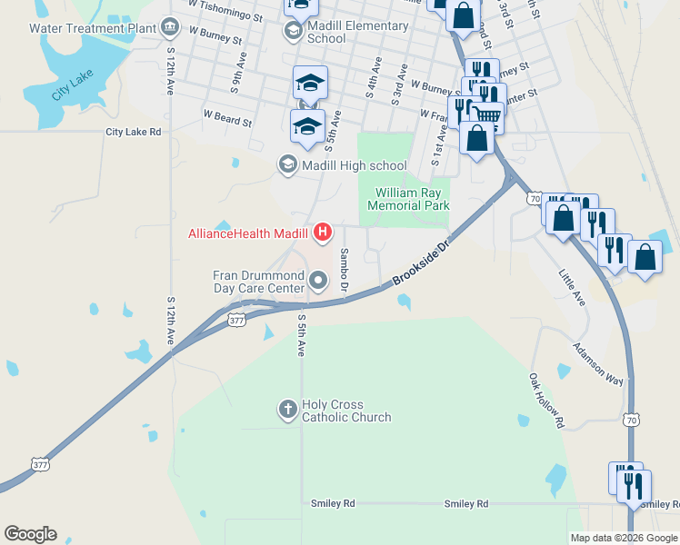 map of restaurants, bars, coffee shops, grocery stores, and more near 1004 Sambo Drive in Madill