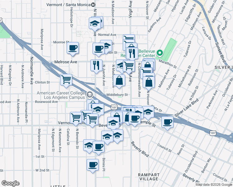 map of restaurants, bars, coffee shops, grocery stores, and more near 3877 Middlebury Street in Los Angeles