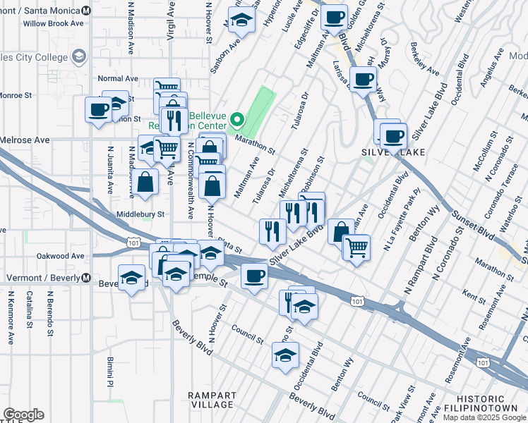 map of restaurants, bars, coffee shops, grocery stores, and more near 617 Micheltorena Street in Los Angeles