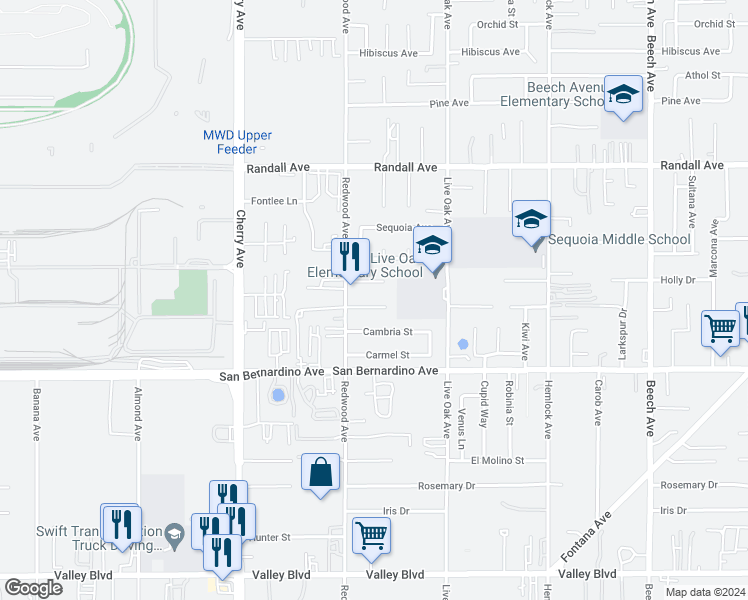 map of restaurants, bars, coffee shops, grocery stores, and more near 14752 Manzanita Drive in Fontana