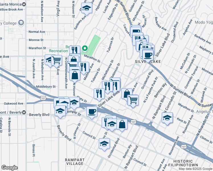 map of restaurants, bars, coffee shops, grocery stores, and more near 641 Robinson Street in Los Angeles