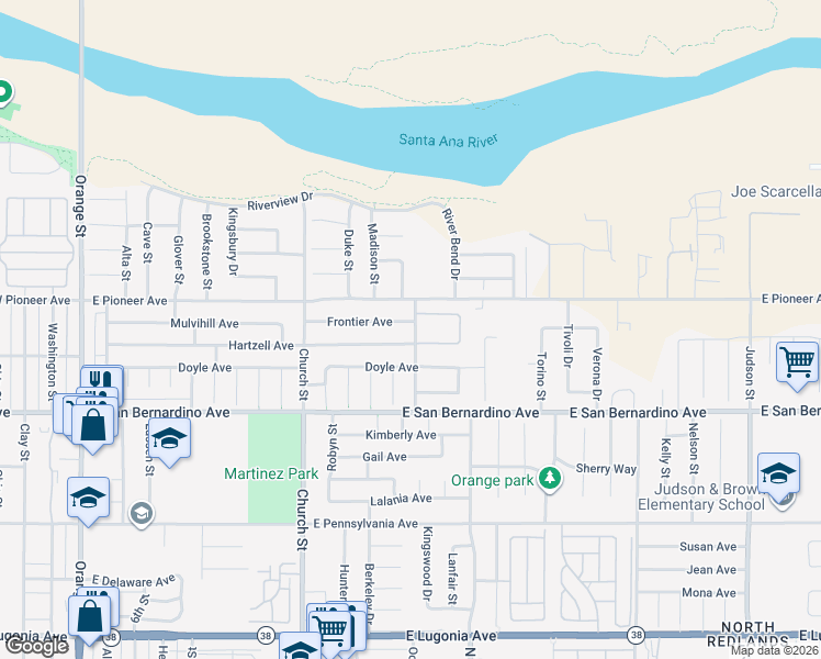 map of restaurants, bars, coffee shops, grocery stores, and more near 966 Frontier Avenue in Redlands