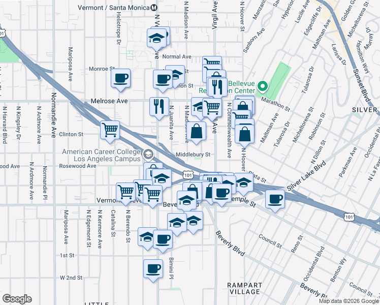 map of restaurants, bars, coffee shops, grocery stores, and more near 500 North Madison Avenue in Los Angeles