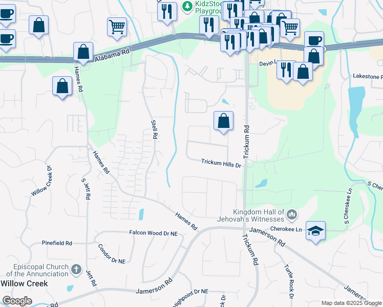 map of restaurants, bars, coffee shops, grocery stores, and more near 122 Trickum Hills Drive in Woodstock