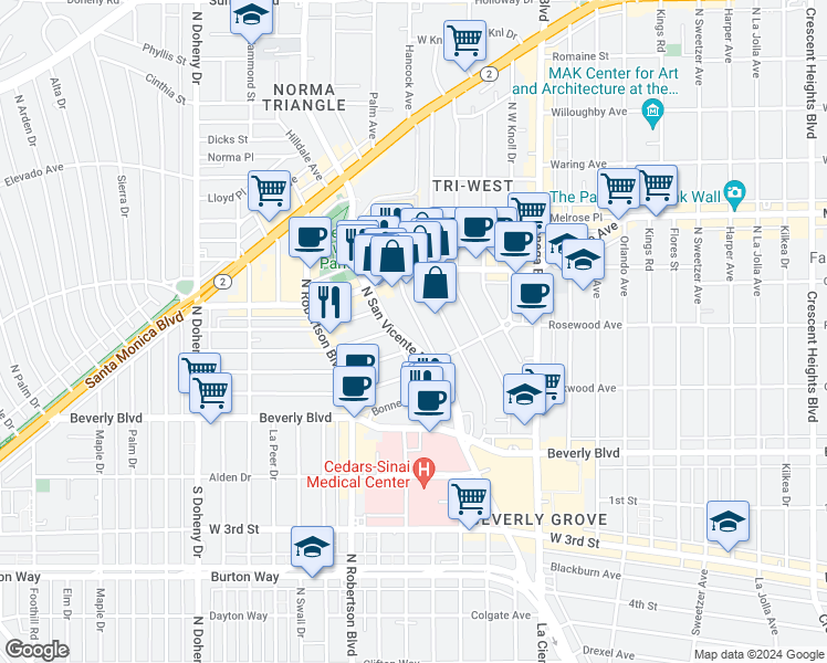 map of restaurants, bars, coffee shops, grocery stores, and more near 507 Norwich Drive in West Hollywood
