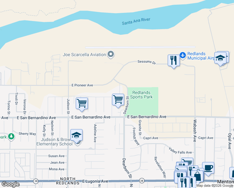 map of restaurants, bars, coffee shops, grocery stores, and more near 30 Cortez Street in Redlands