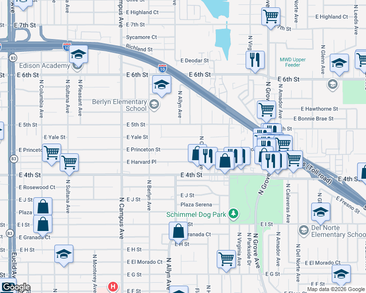map of restaurants, bars, coffee shops, grocery stores, and more near 921 East Princeton Street in Ontario