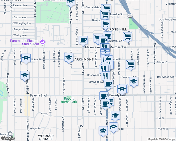 map of restaurants, bars, coffee shops, grocery stores, and more near 5032 West Maplewood Avenue in Los Angeles