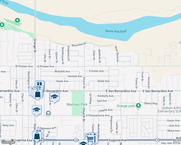 map of restaurants, bars, coffee shops, grocery stores, and more near 832 Frontier Ave in Redlands
