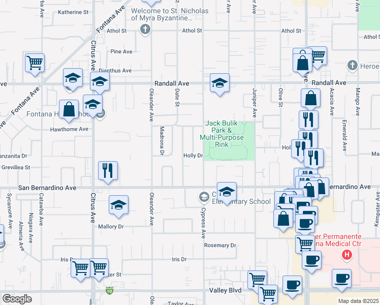 map of restaurants, bars, coffee shops, grocery stores, and more near 9568 Toyon Avenue in Fontana