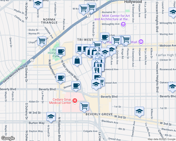 map of restaurants, bars, coffee shops, grocery stores, and more near 500 Westbourne Drive in West Hollywood