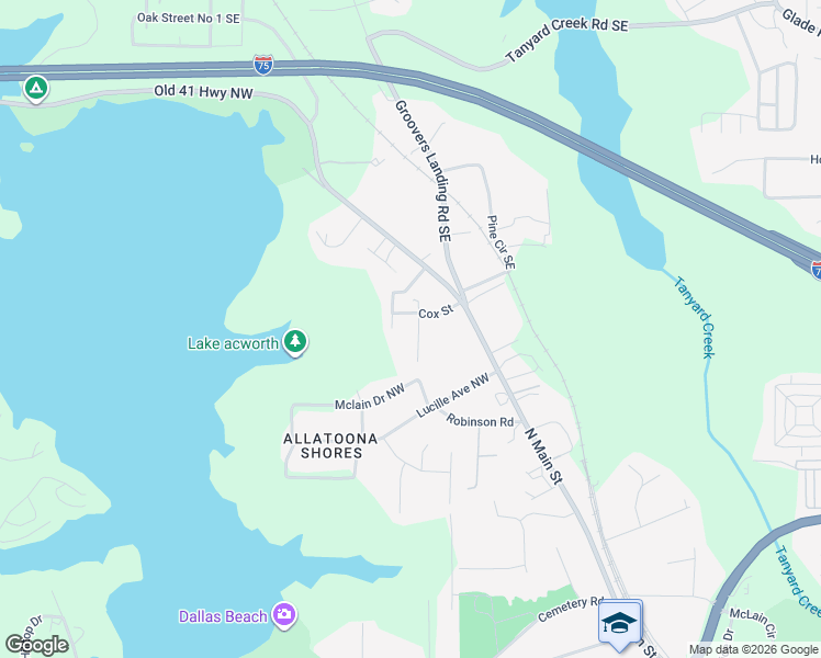 map of restaurants, bars, coffee shops, grocery stores, and more near 5126 Poplar Street in Acworth
