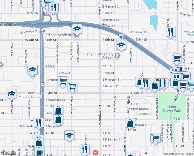 map of restaurants, bars, coffee shops, grocery stores, and more near 651 East Princeton Street in Ontario