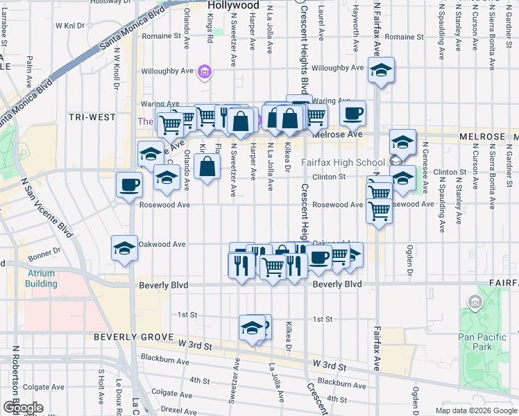 map of restaurants, bars, coffee shops, grocery stores, and more near 460 North La Jolla Avenue in Los Angeles