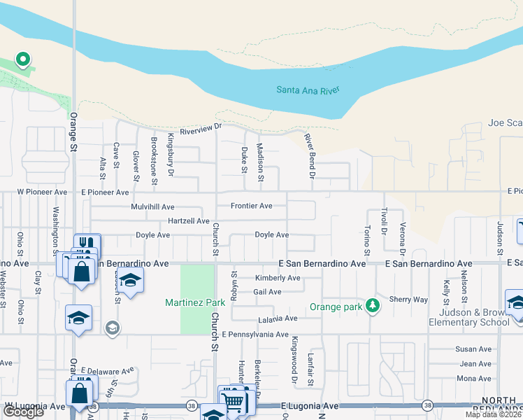 map of restaurants, bars, coffee shops, grocery stores, and more near 918 Frontier Avenue in Redlands
