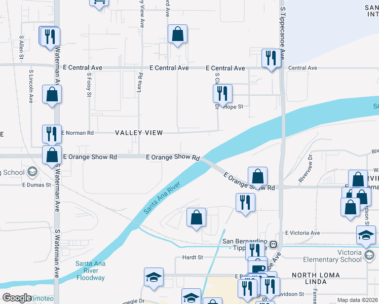map of restaurants, bars, coffee shops, grocery stores, and more near 797 East Norman Road in San Bernardino