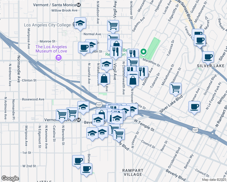 map of restaurants, bars, coffee shops, grocery stores, and more near 501 North Virgil Avenue in Los Angeles