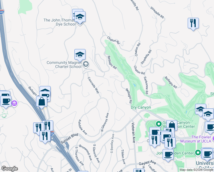 map of restaurants, bars, coffee shops, grocery stores, and more near 667 Ledo Way in Los Angeles