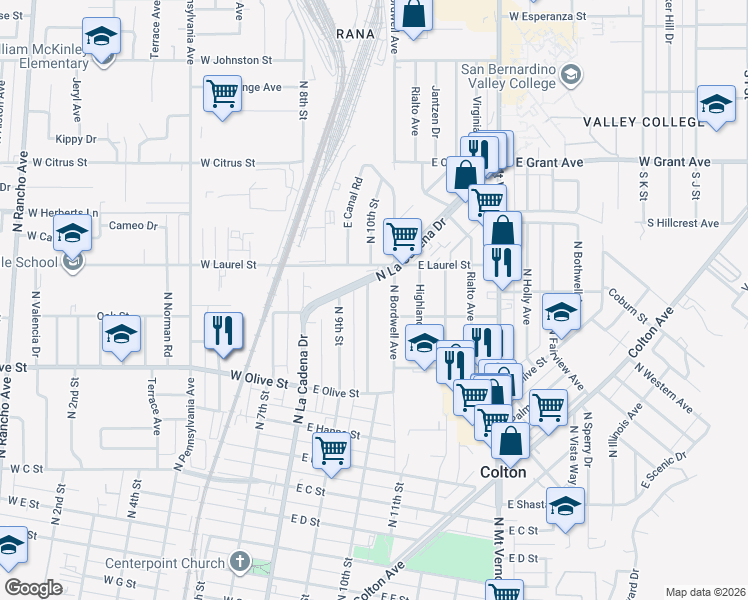 map of restaurants, bars, coffee shops, grocery stores, and more near 1340 North 10th Street in Colton