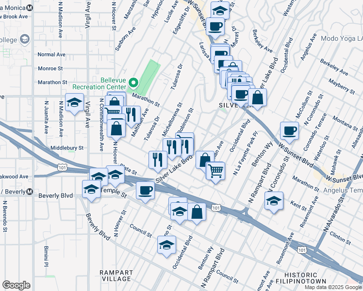 map of restaurants, bars, coffee shops, grocery stores, and more near 657 North Dillon Street in Los Angeles
