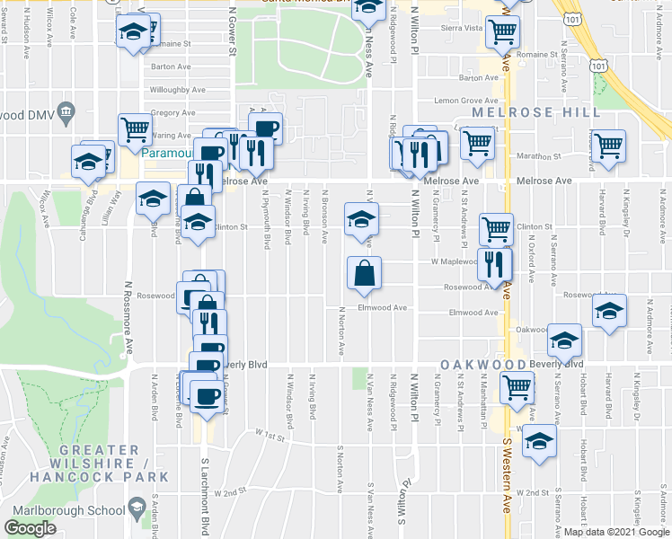 map of restaurants, bars, coffee shops, grocery stores, and more near 453 North Norton Avenue in Los Angeles