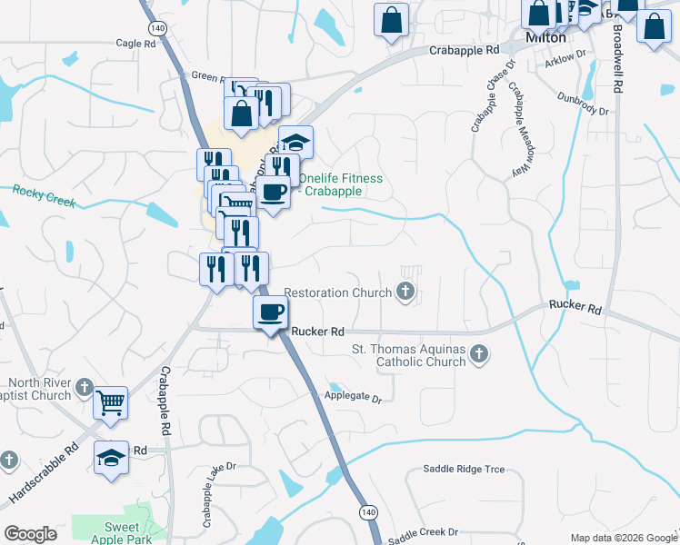 map of restaurants, bars, coffee shops, grocery stores, and more near 12206 Limeridge Court in Alpharetta