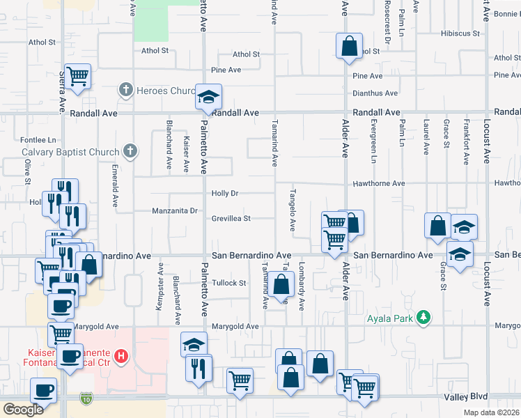 map of restaurants, bars, coffee shops, grocery stores, and more near 17454 Grevillea Street in Fontana